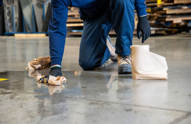 A male worker cleaning-up a slip hazard on the floor of an industrial plant.